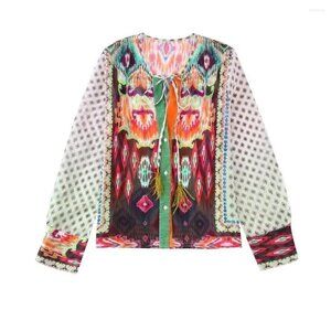 Zara Feather Trim Semi-Sheer  Geometric/Floral Printed Blouse, Size XS